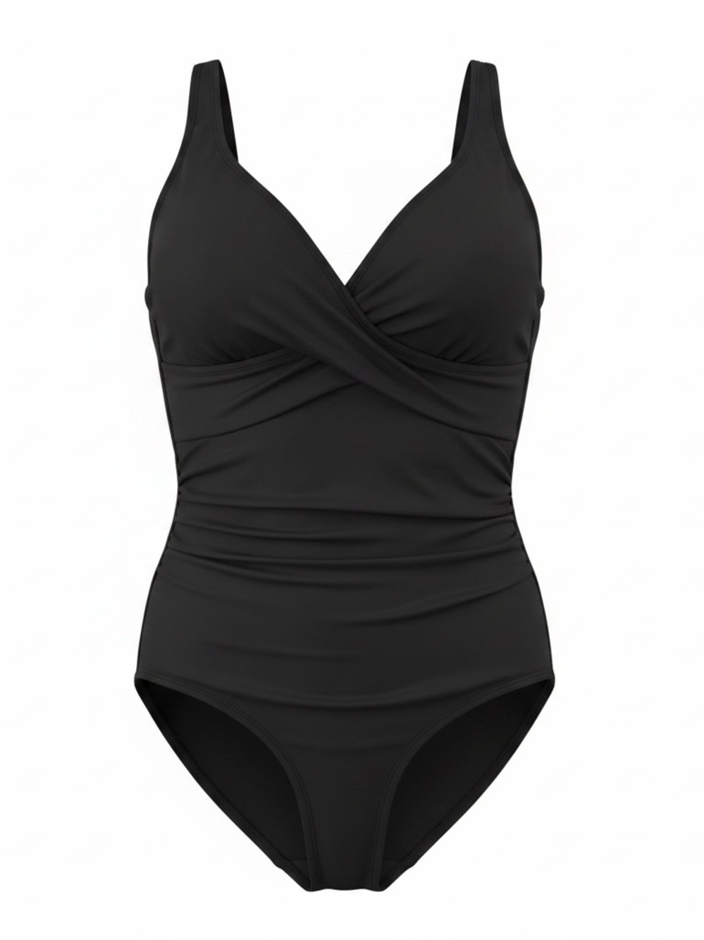 Black Twist Front One-Piece Swimsuit | Ruched Tummy Control Classic V-Neck